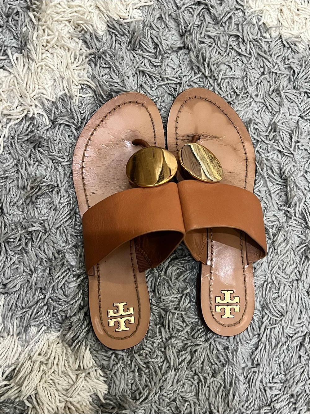 Tory Burch Brown Leather Slide Sandals with Gold Medallions